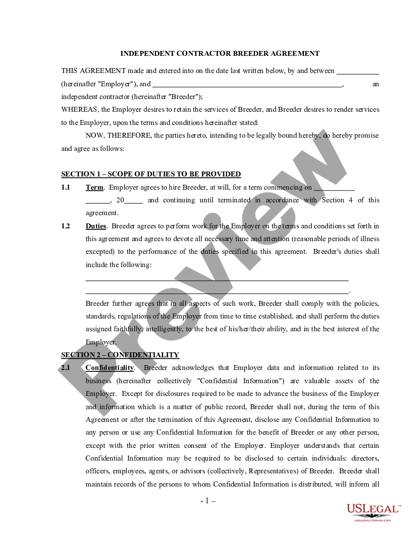 page 0 Breeder Agreement - Self-Employed Independent Contractor preview