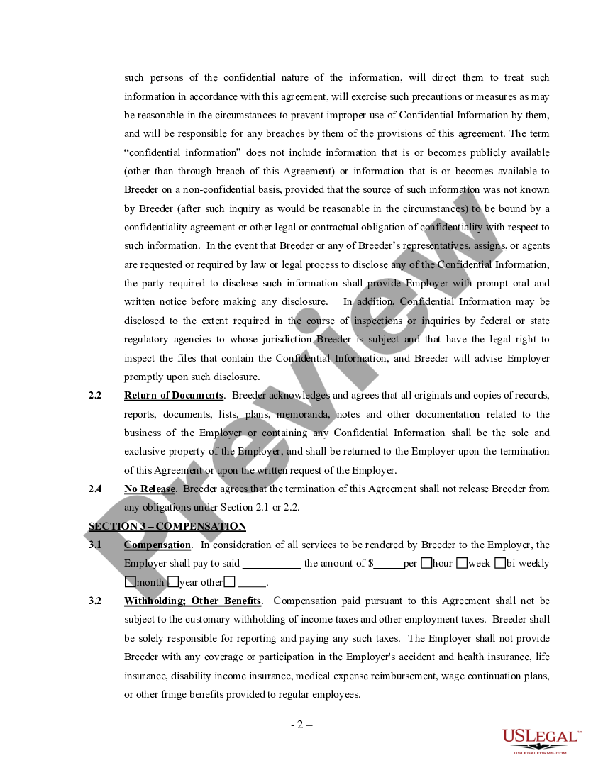 page 1 Breeder Agreement - Self-Employed Independent Contractor preview