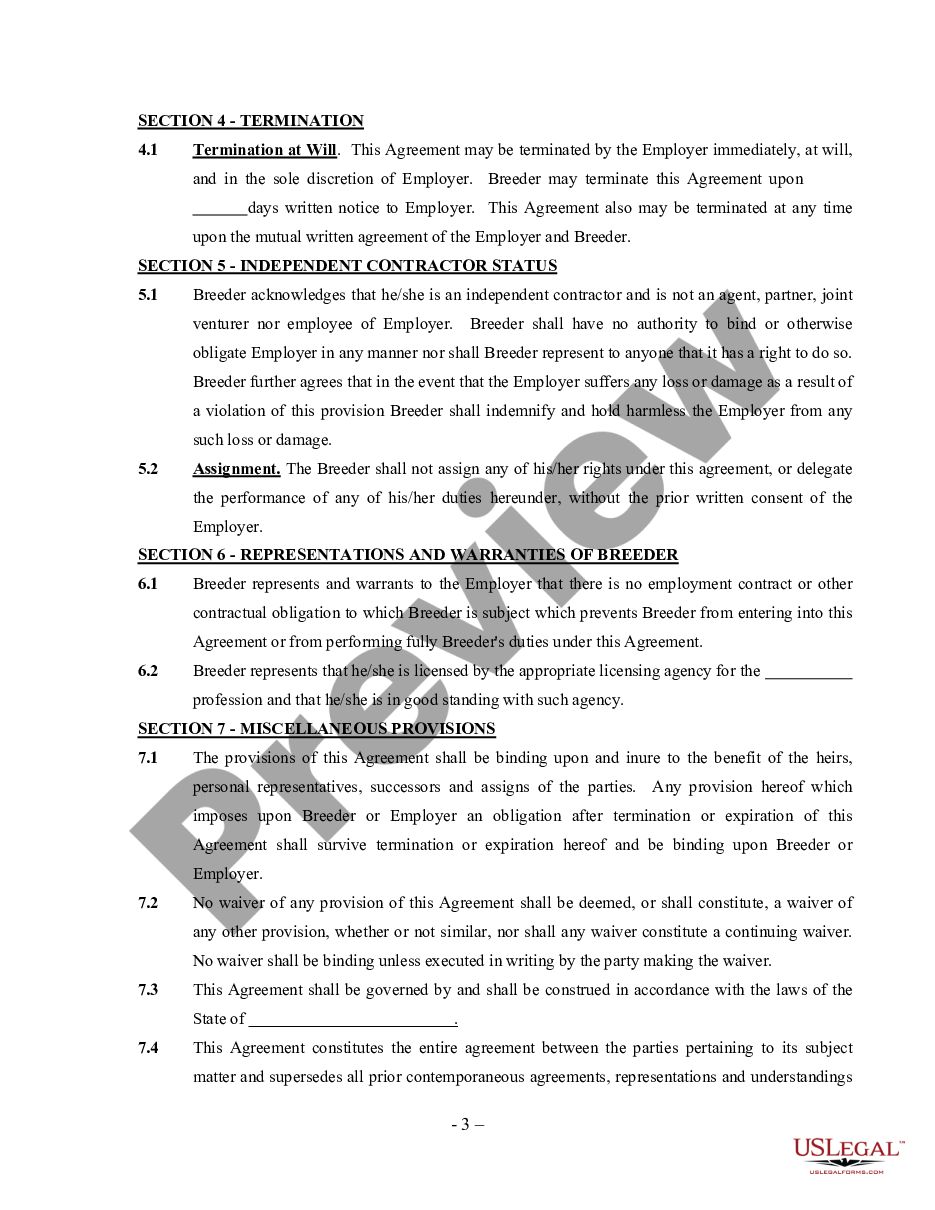 page 2 Breeder Agreement - Self-Employed Independent Contractor preview