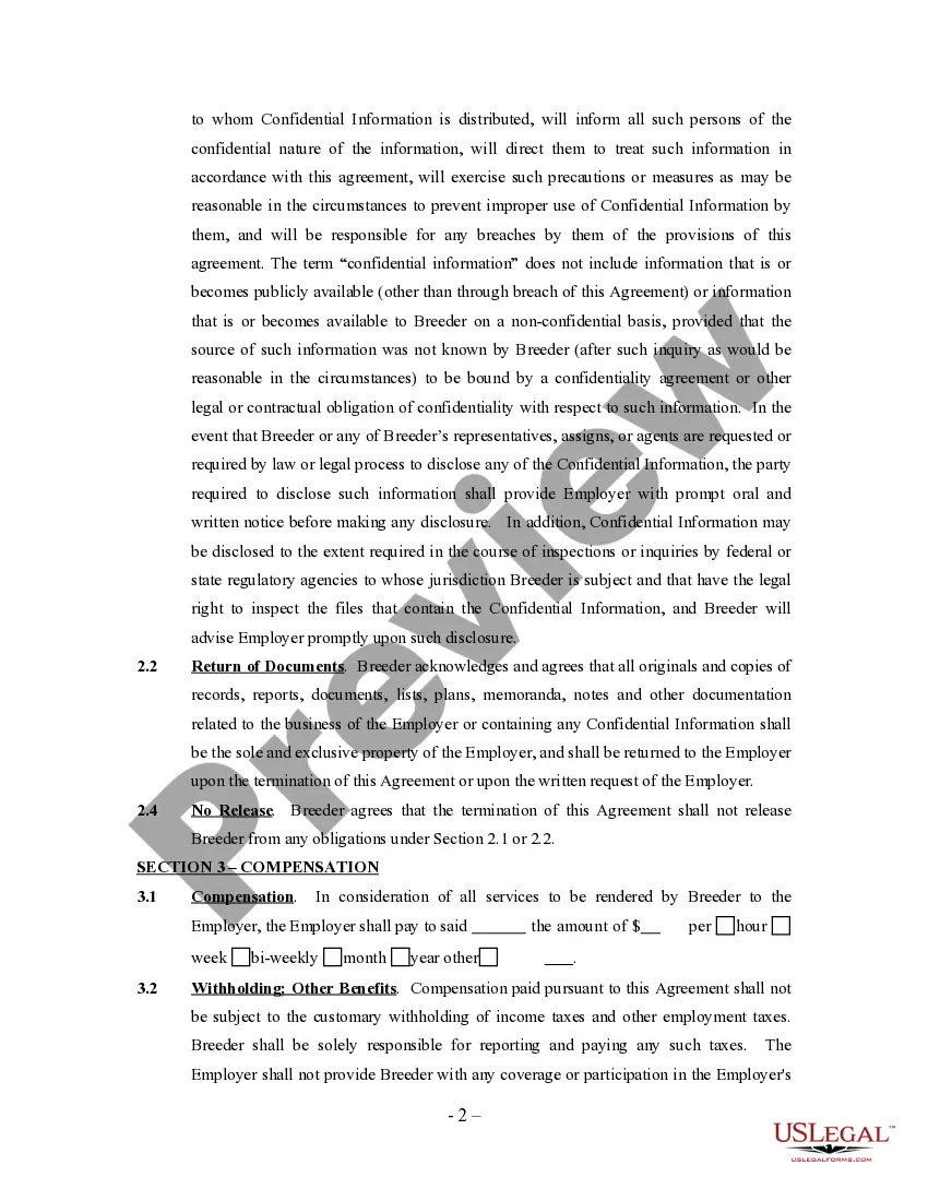 Preview Breeder Agreement - Self-Employed Independent Contractor