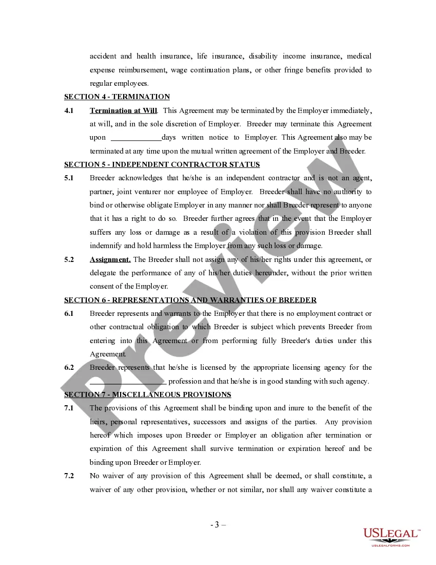 Preview Breeder Agreement - Self-Employed Independent Contractor
