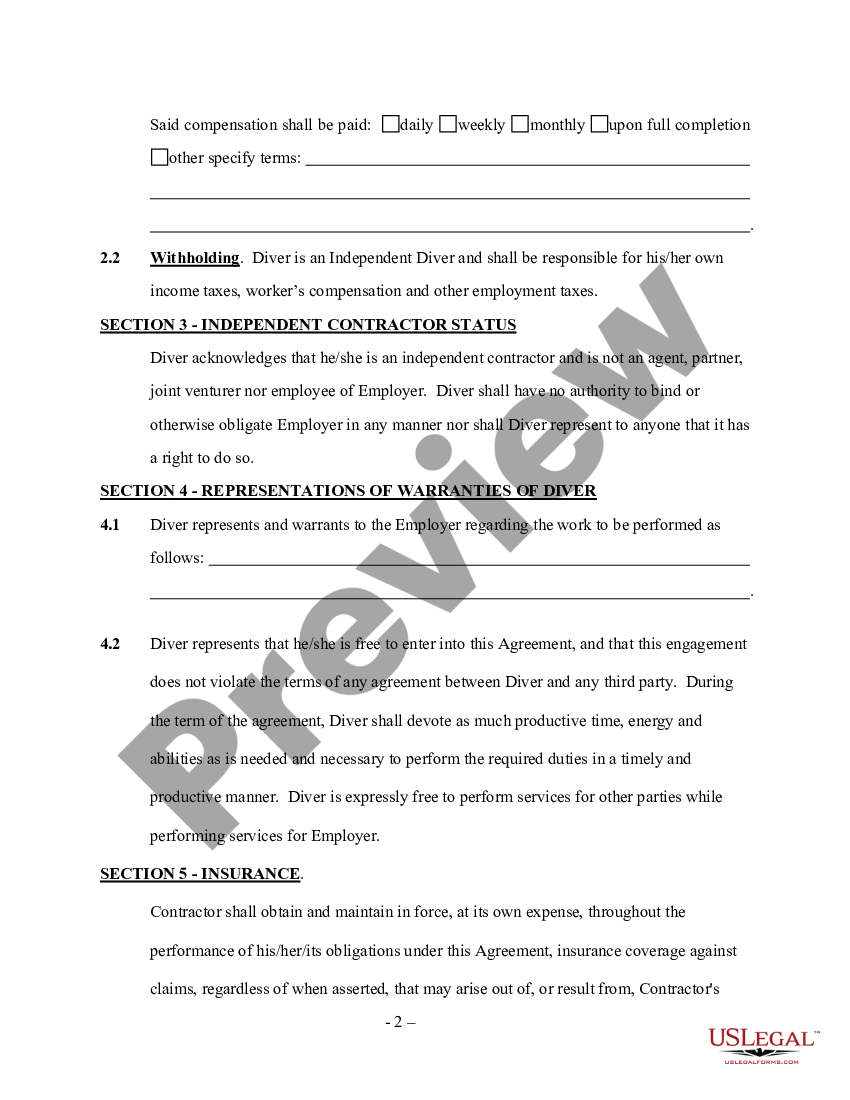 Arkansas Diver Services Contract - Self-Employed | US Legal Forms