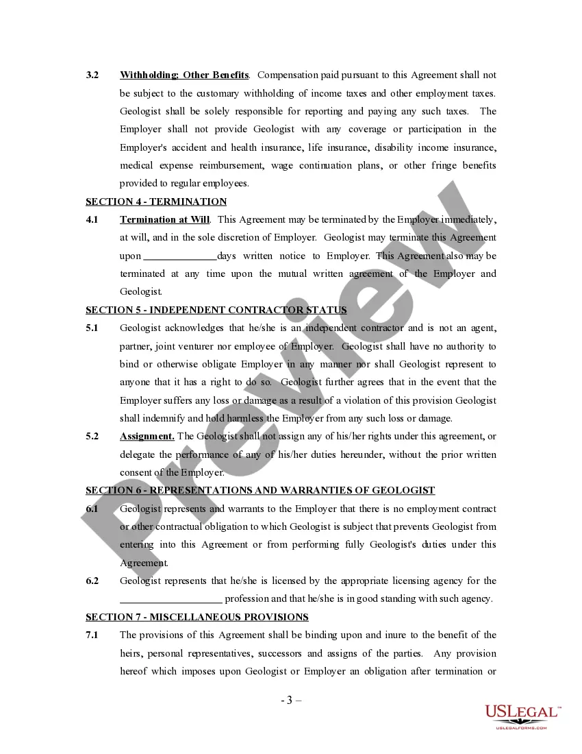 Get Geologist Agreement - Self-Employed Independent Contractor Preview Geologist Agreement - Self-Employed Independent Contractor