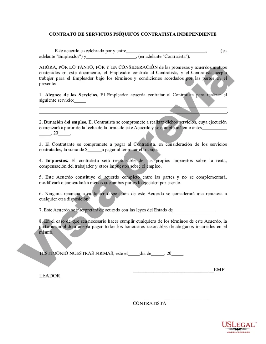 Preview Contrato de servicios psíquicos - Contratista independiente autónomo