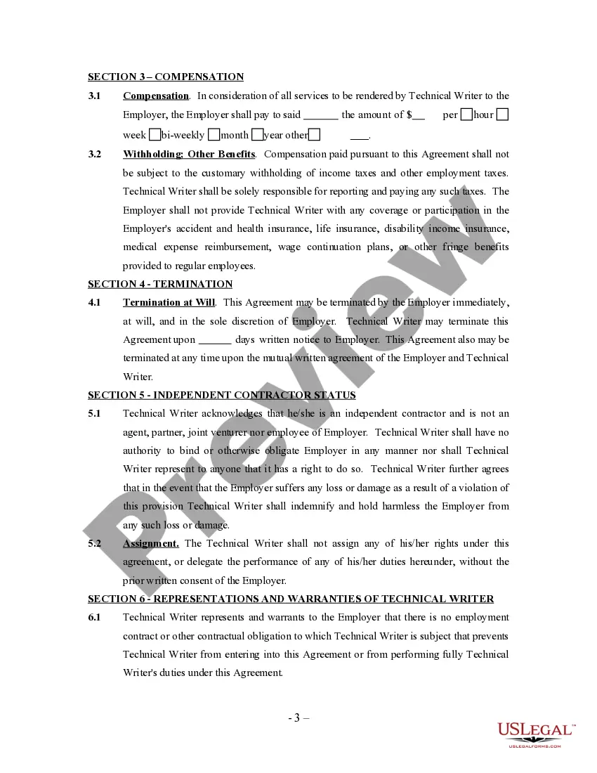 Get Technical Writer Agreement - Self-Employed Independent Contractor Preview Technical Writer Agreement - Self-Employed Independent Contractor