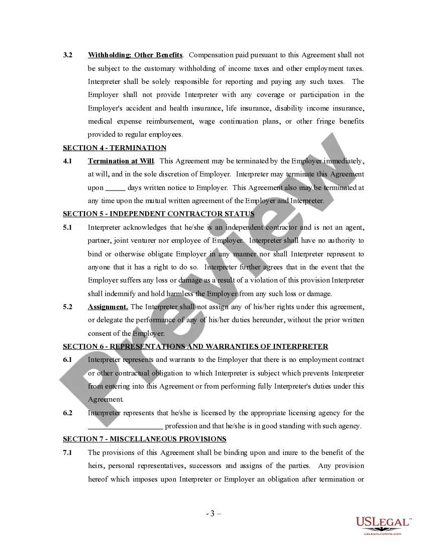 Get Translator And Interpreter Agreement - Self-Employed Independent Contractor Preview Translator And Interpreter Agreement - Self-Employed Independent Contractor