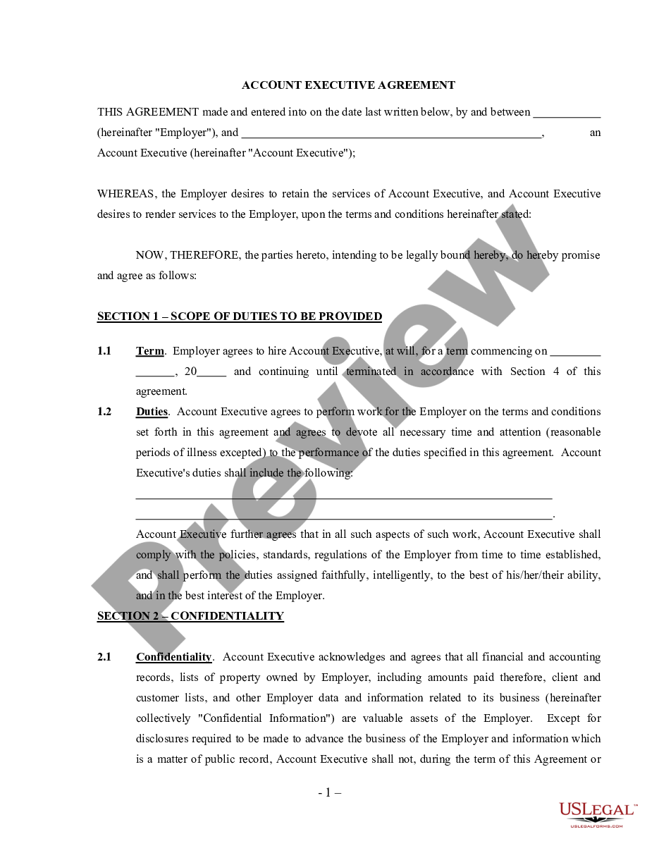 page 0 Account Executive Agreement - Self-Employed Independent Contractor preview