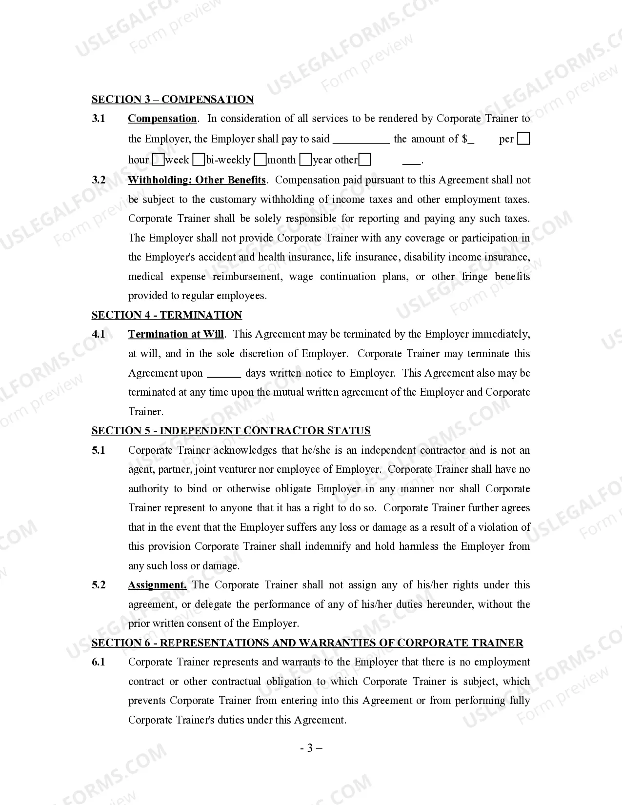 Preview Corporate Trainer or Training Agreement - Self-Employed Independent Contractor