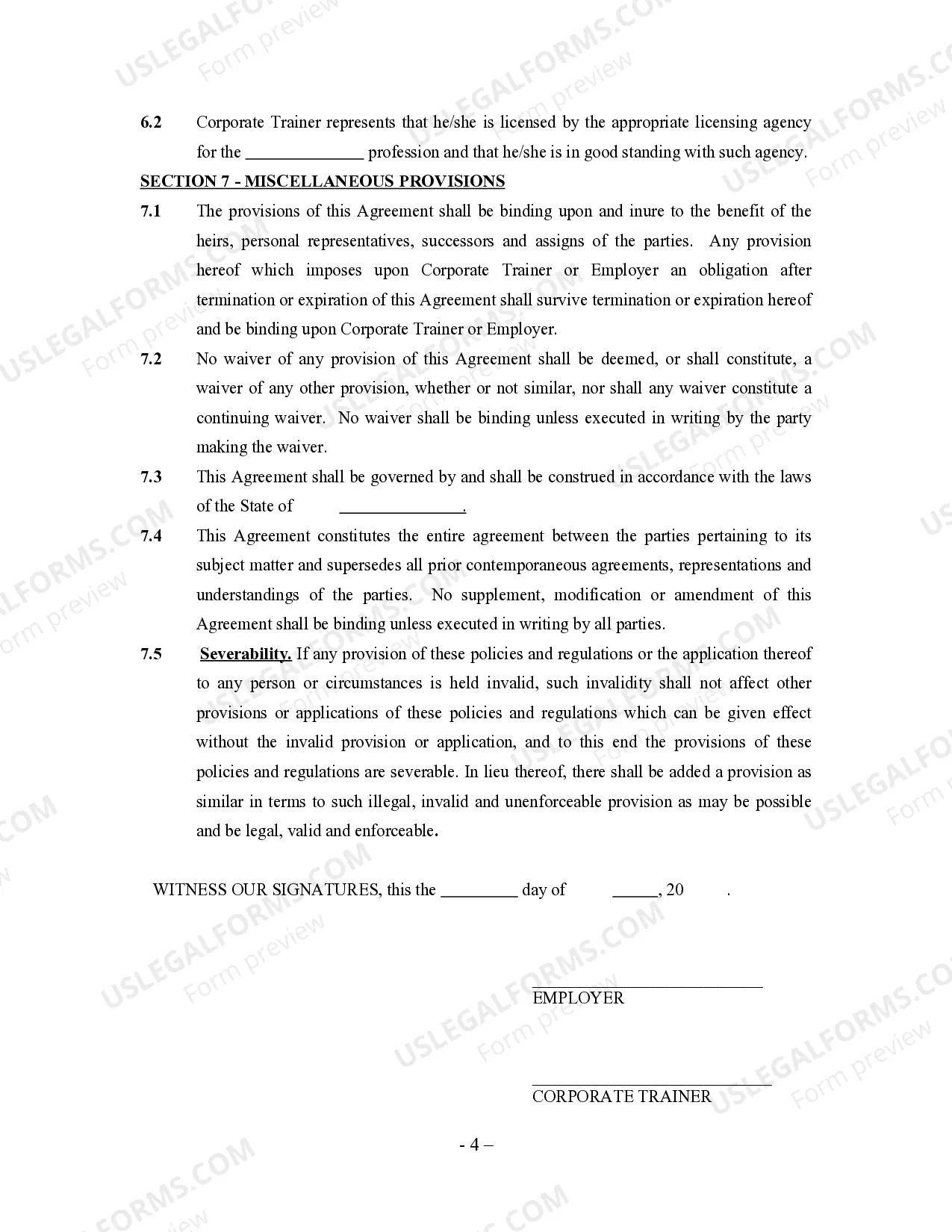 Preview Corporate Trainer or Training Agreement - Self-Employed Independent Contractor