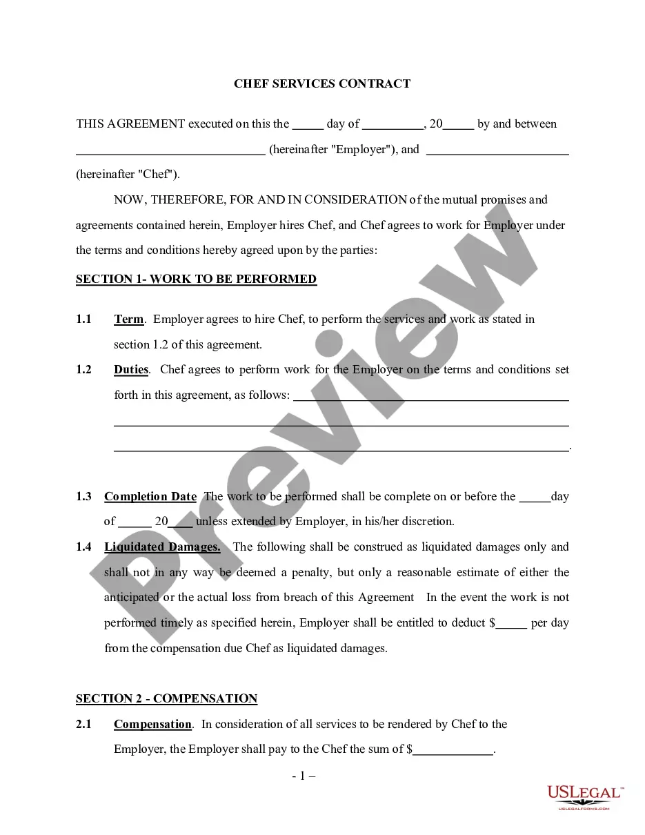 Chef Services Contract Self Employed Private Chef Contract Template