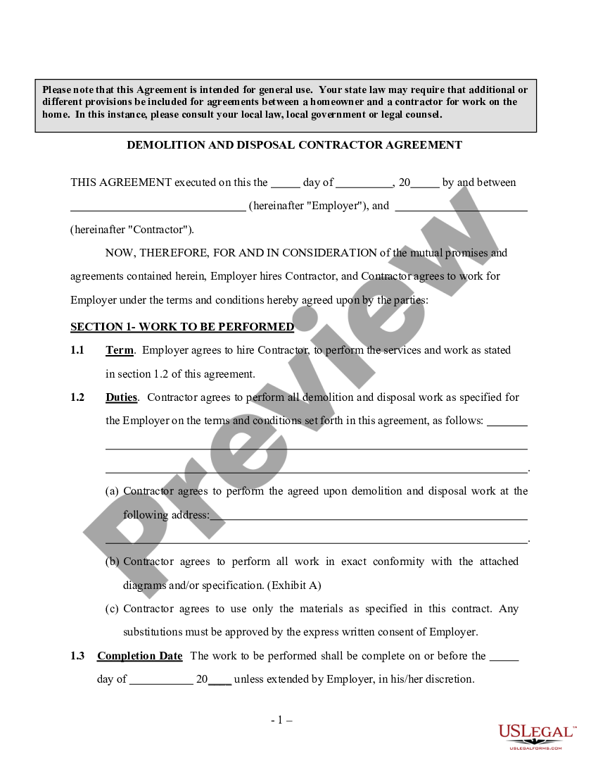 Demolition And Disposal Contractor Agreement Self Asset Disposal And Demolition Contract Template Us Legal Forms