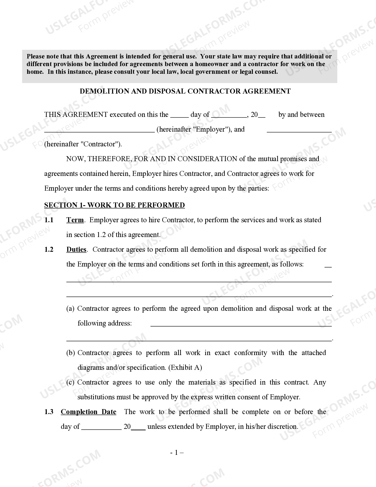 Demolition And Disposal Contractor Agreement Self Demolition 