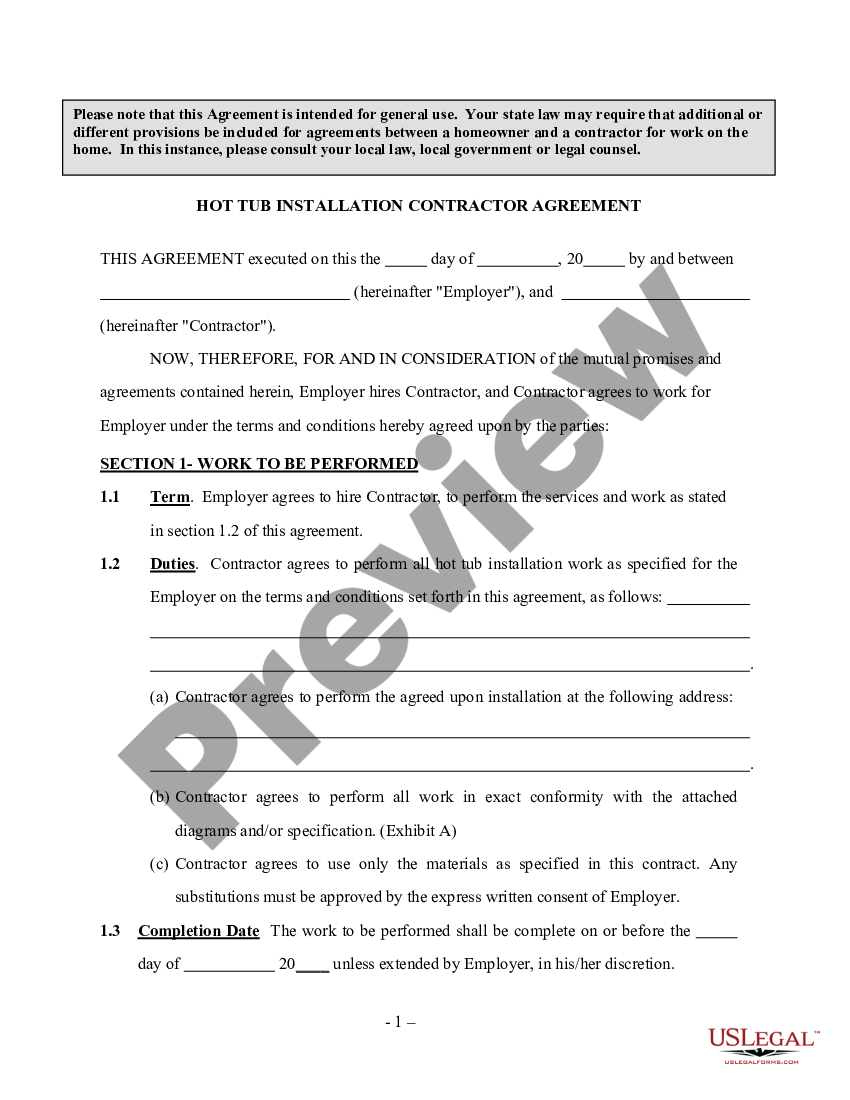 Florida Hot Tub Installation Contractor Agreement Self Employed Hot Tub Installation 8244