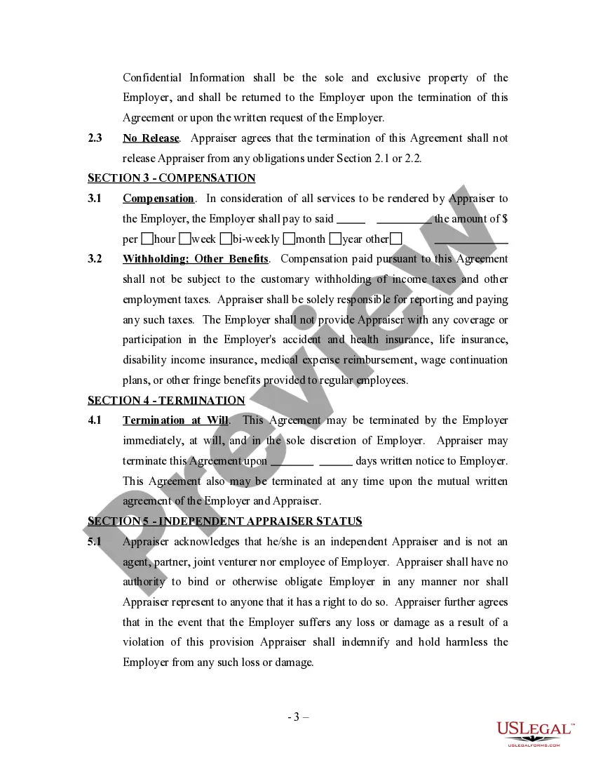 Preview Appraisal Agreement - Self-Employed Independent Contractor