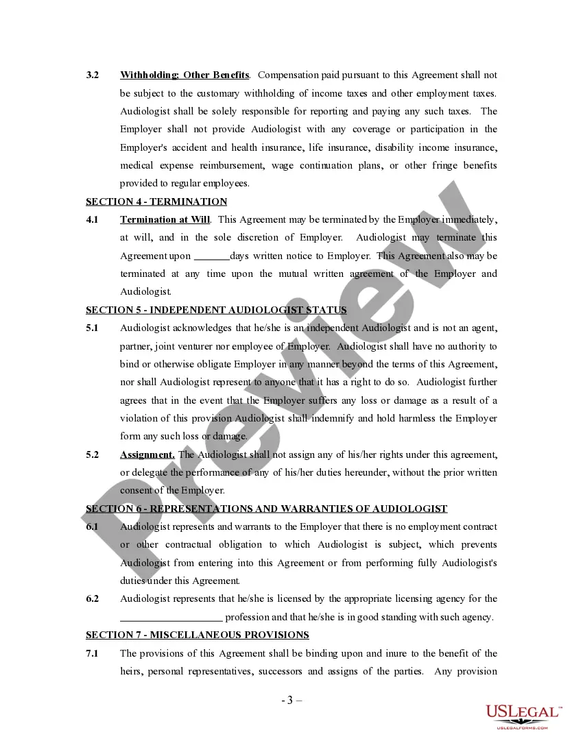 Get Audiologist Agreement - Self-Employed Independent Contractor Preview Audiologist Agreement - Self-Employed Independent Contractor