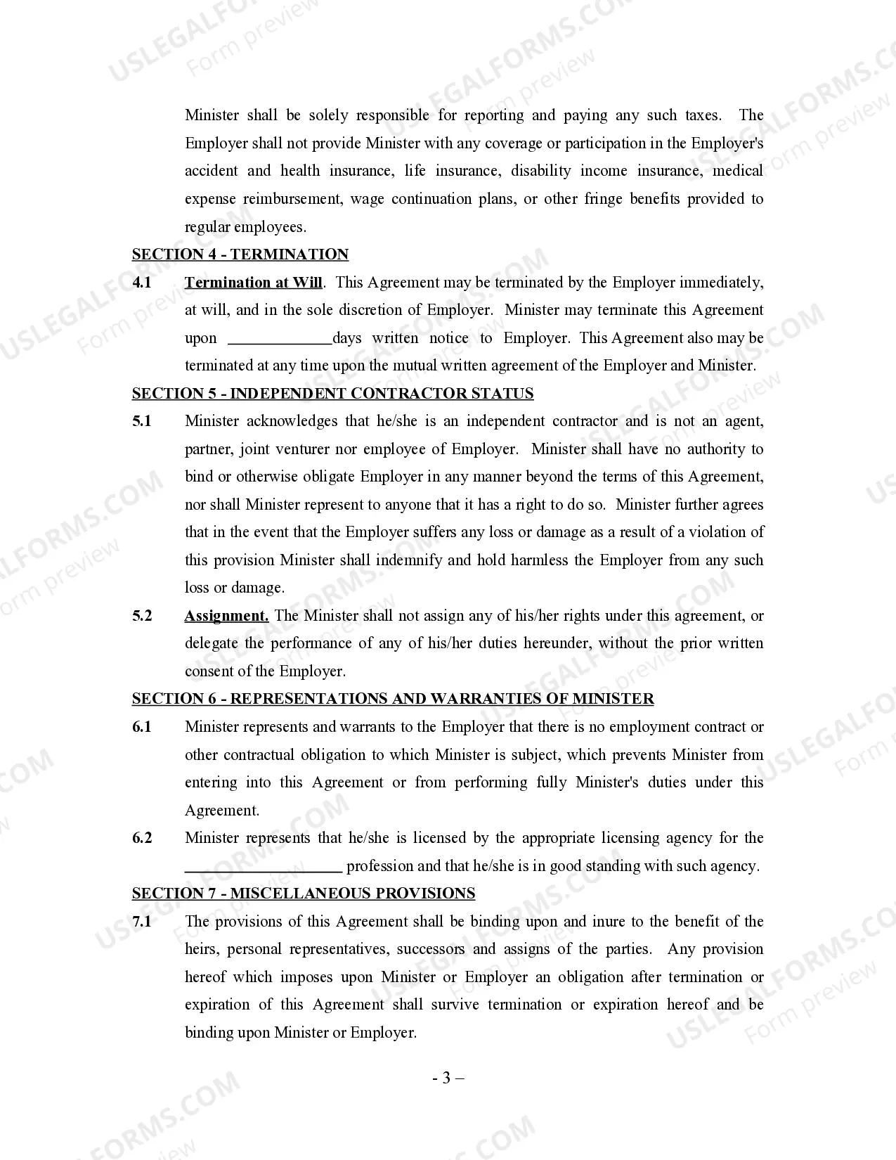 Preview Minister Agreement - Self-Employed Independent Contractor