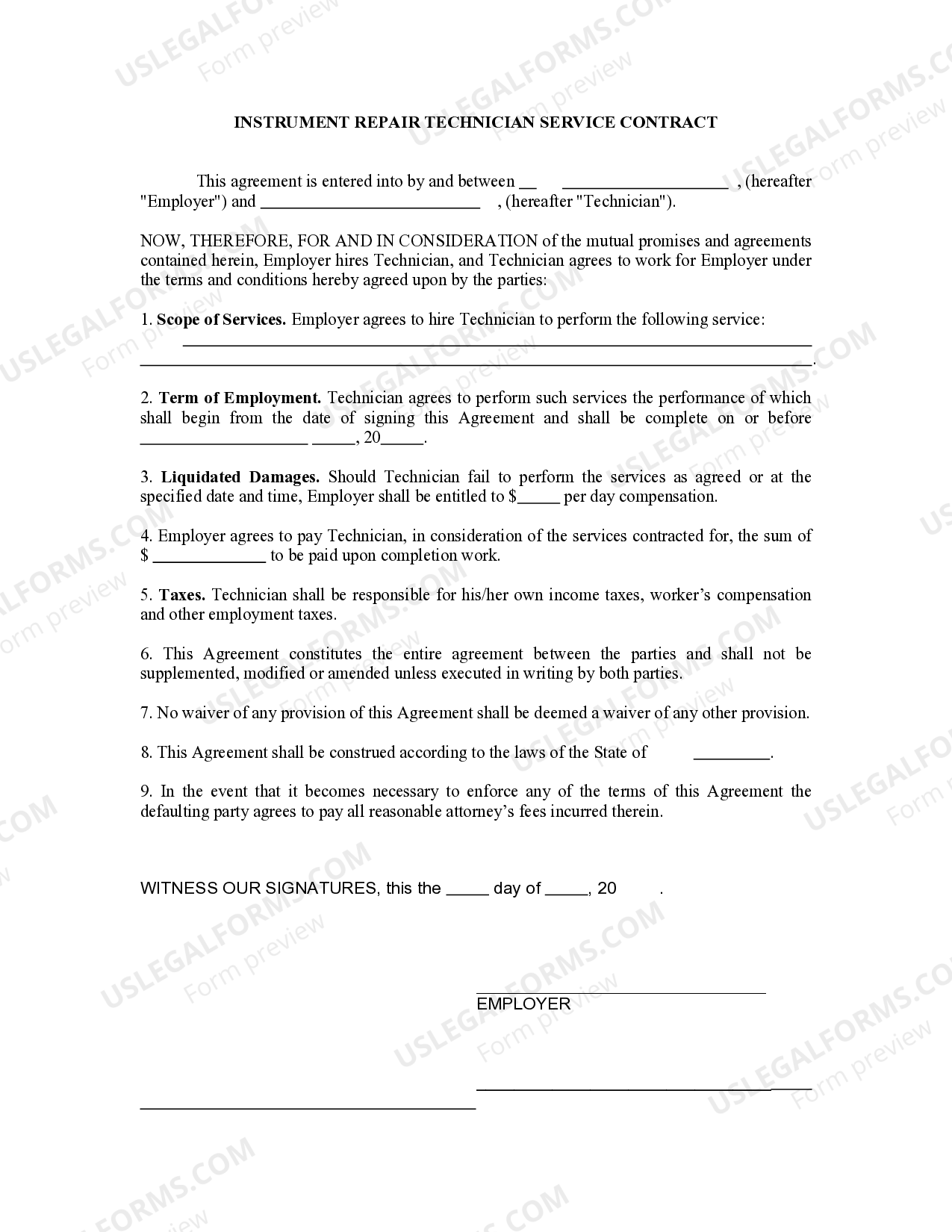 SelfEmployed Instrument Repair Technician Services Contract US Legal