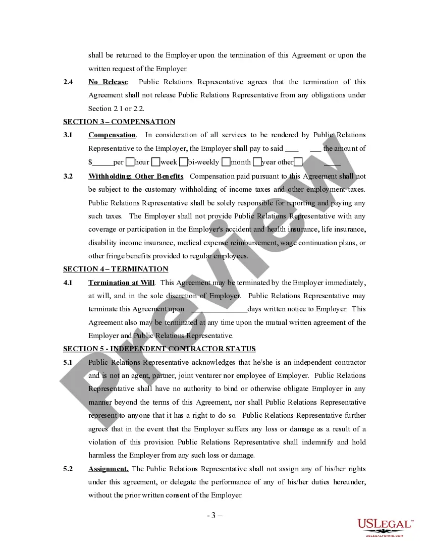Get Public Relations Agreement - Self-Employed Independent Contractor Preview Public Relations Agreement - Self-Employed Independent Contractor