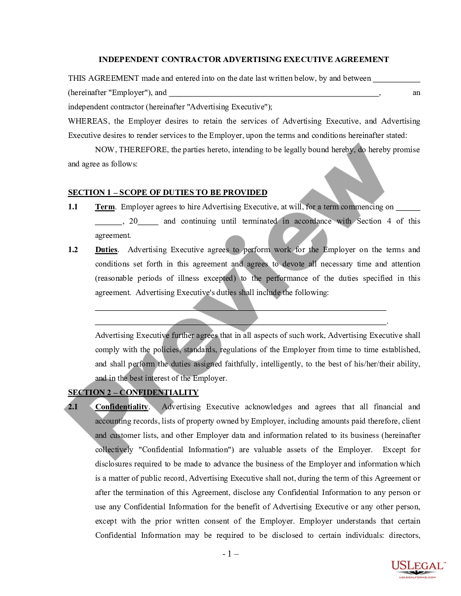 page 0 Advertising Executive Agreement - Self-Employed Independent Contractor preview