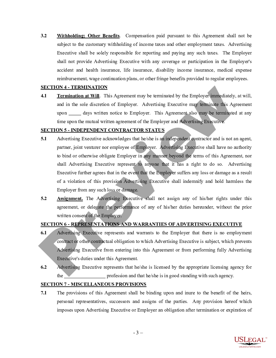 page 2 Advertising Executive Agreement - Self-Employed Independent Contractor preview