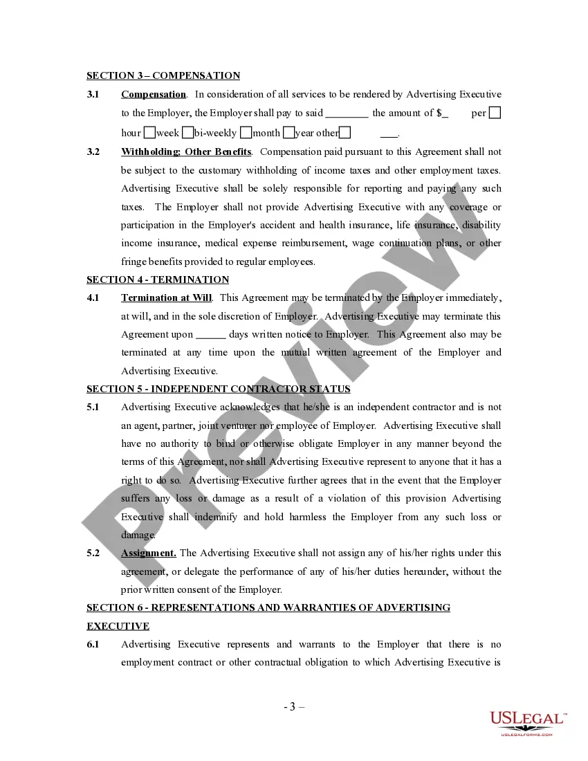 Preview Advertising Executive Agreement - Self-Employed Independent Contractor