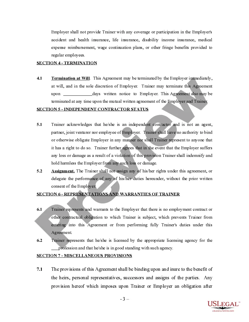 Preview Athletic Person Training or Trainer Agreement - Self-Employed Independent Contractor