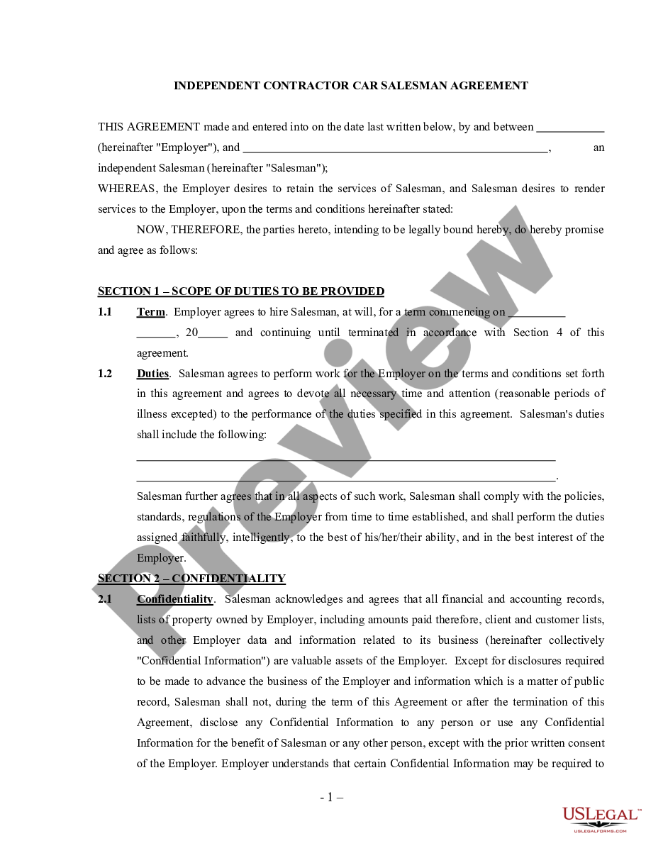page 0 Car Salesman Agreement - Self-Employed Independent Contractor preview