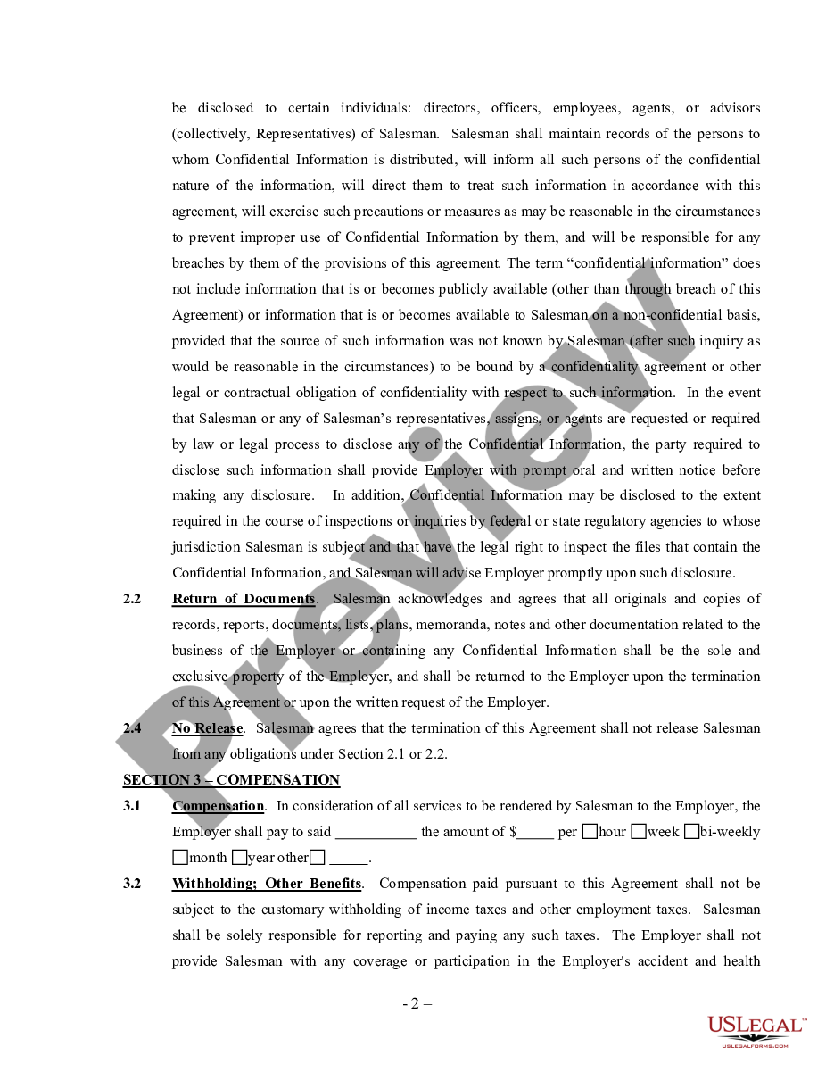 page 1 Car Salesman Agreement - Self-Employed Independent Contractor preview