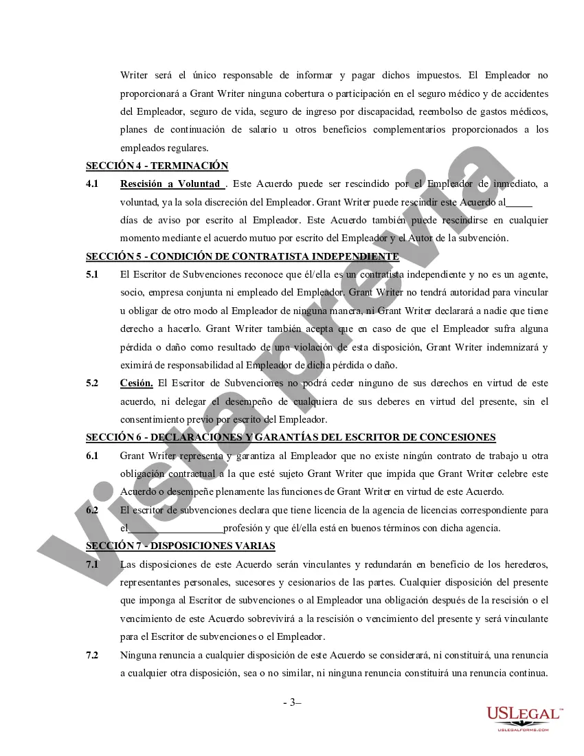Preview Acuerdo de escritor de subvenciones: contratista independiente que trabaja por cuenta propia