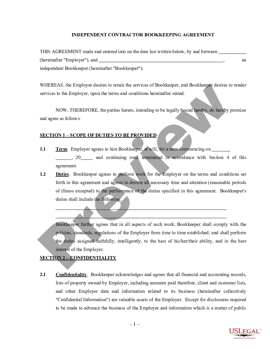 page 0 Bookkeeping Agreement - Self-Employed Independent Contractor preview
