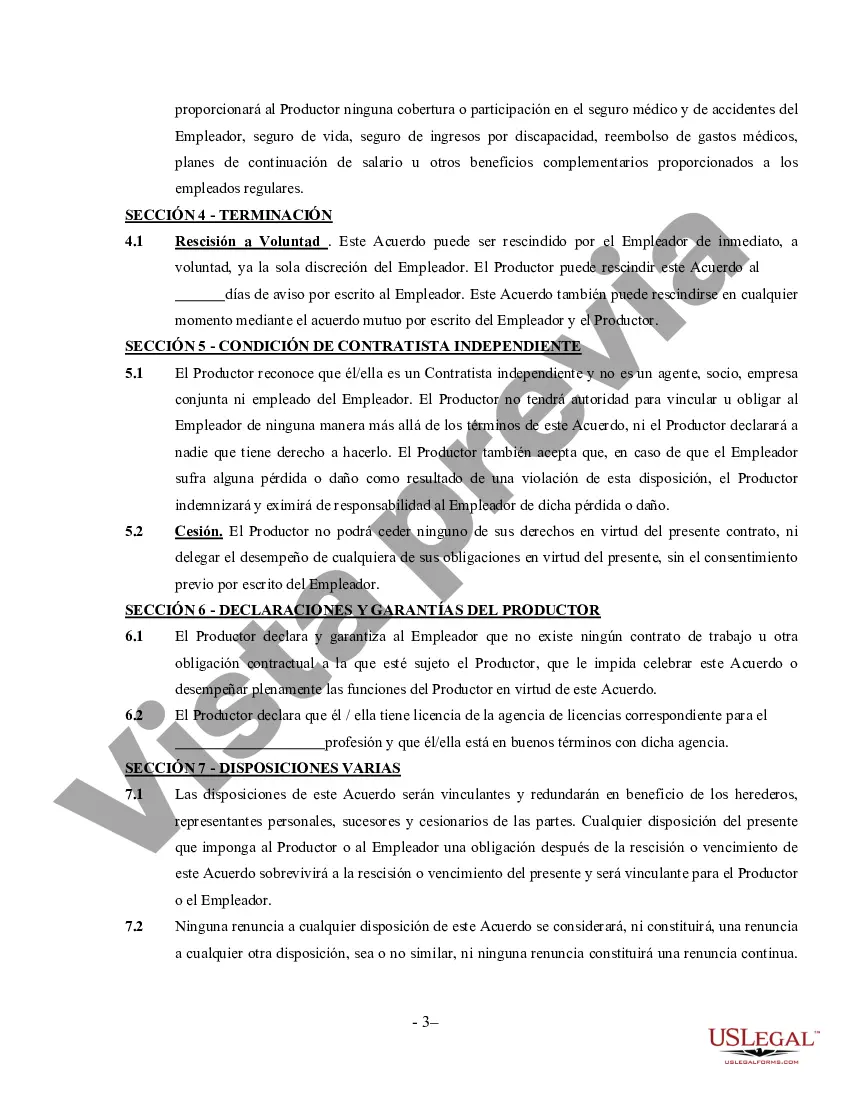 Preview Acuerdo de Productor - Contratista Independiente Trabajador por Cuenta Propia