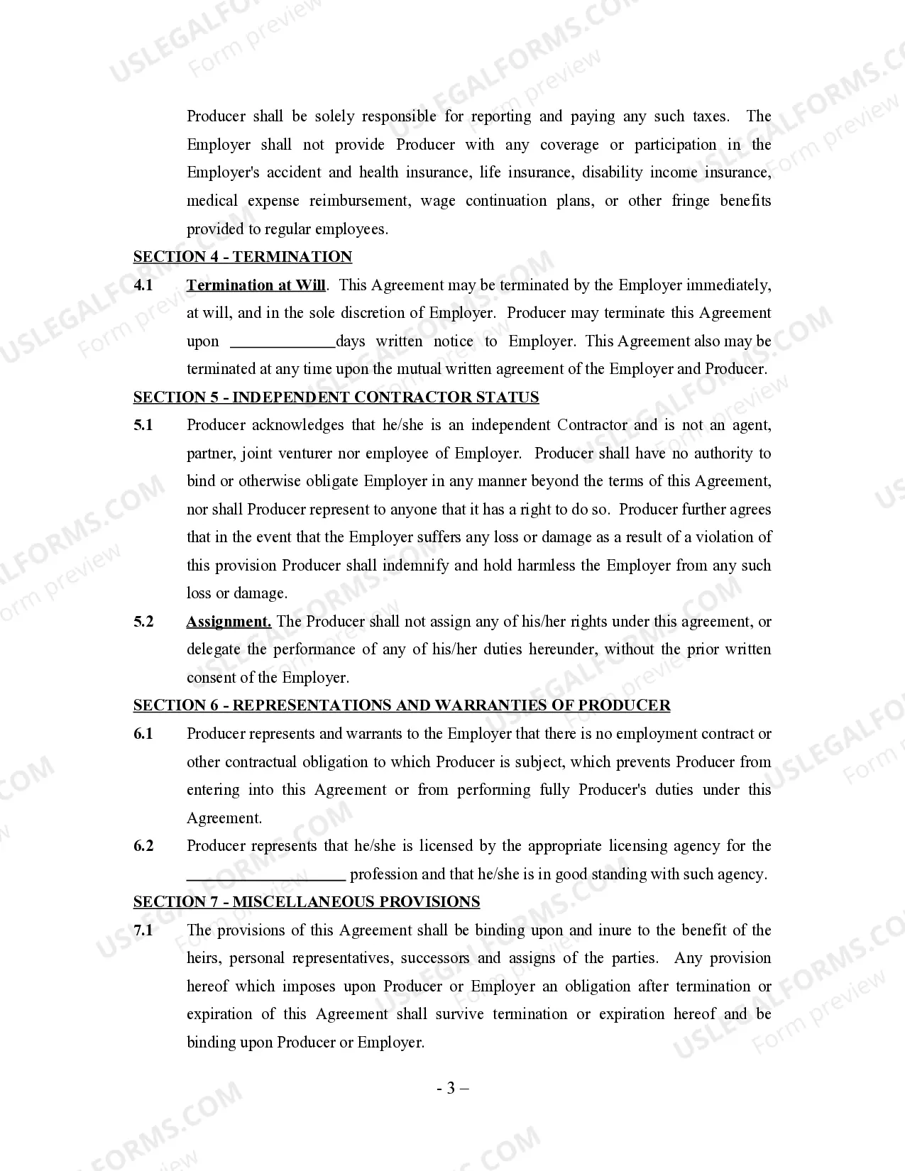 Preview Producer Agreement - Self-Employed Independent Contractor