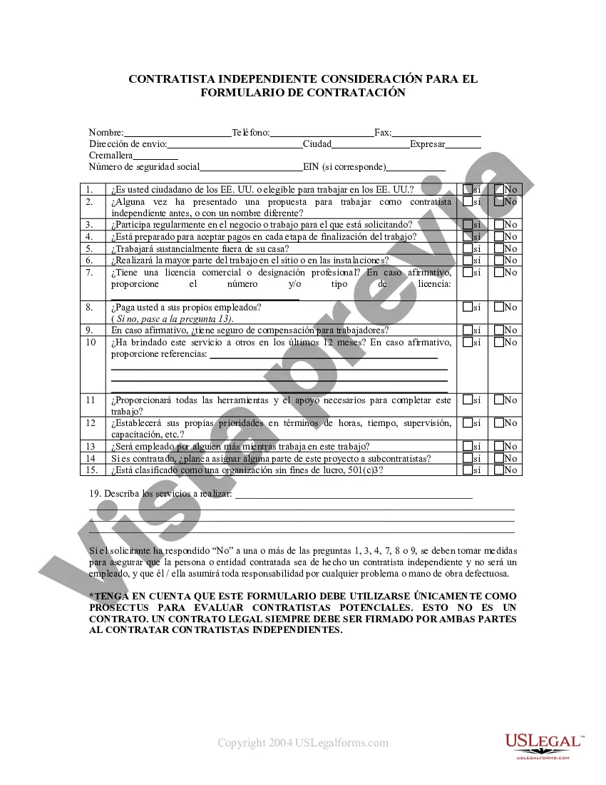 Preview Contratista independiente que trabaja por cuenta propia Formulario de consideración para contratación