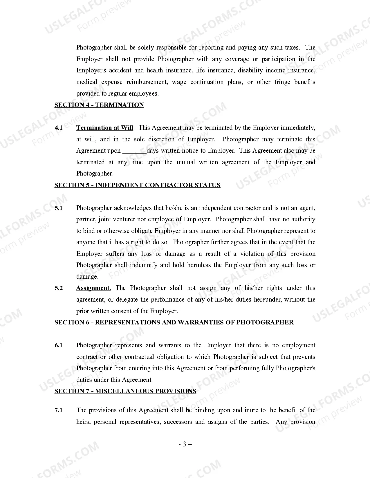 Preview Freelance Photographer Agreement - Self-Employed Independent Contractor