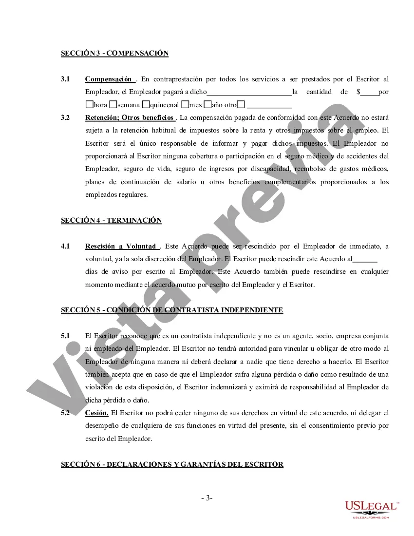 Preview Acuerdo de escritor independiente - Contratista independiente que trabaja por cuenta propia