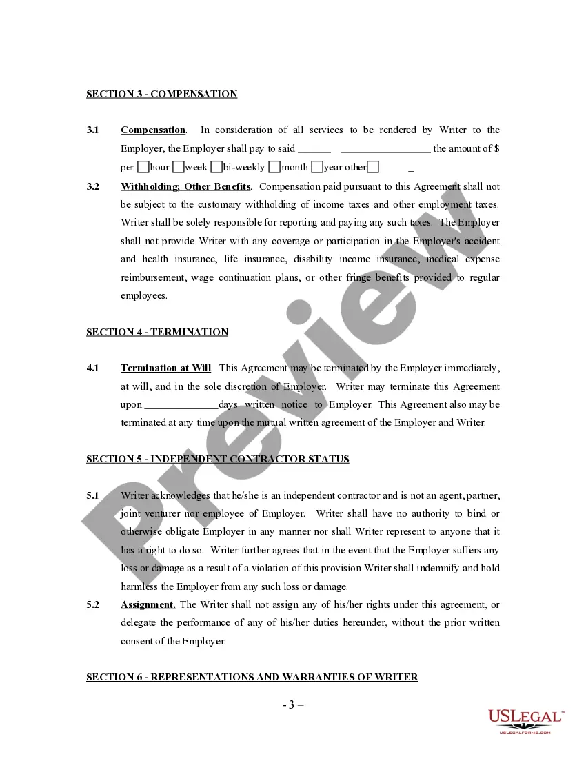 Preview Freelance Writer Agreement - Self-Employed Independent Contractor