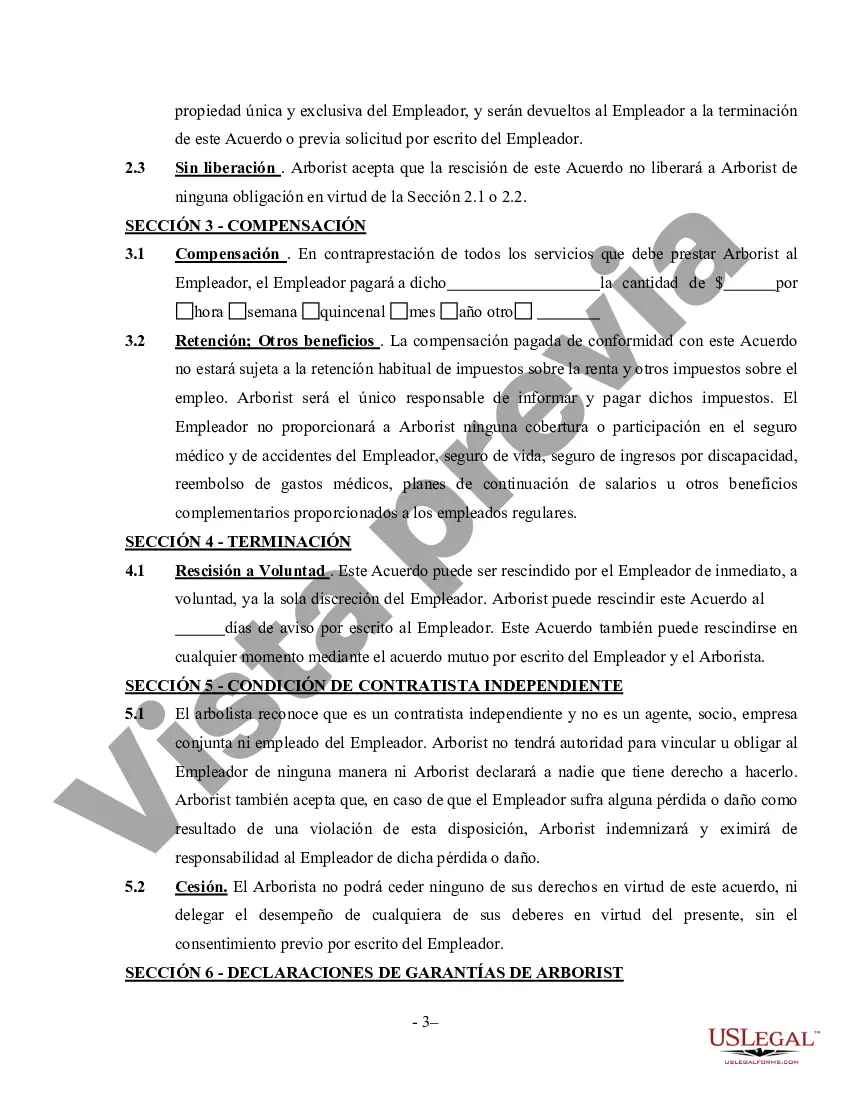 Preview Acuerdo de Tree Surgeon - Contratista independiente que trabaja por cuenta propia