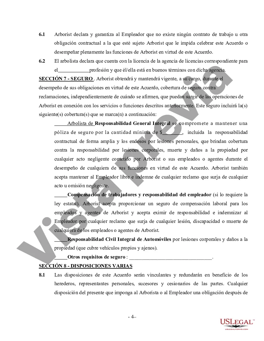 Preview Acuerdo de Tree Surgeon - Contratista independiente que trabaja por cuenta propia