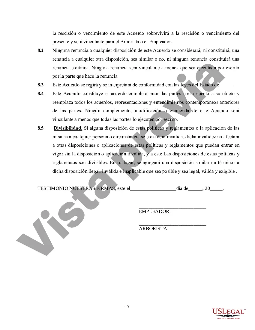 Preview Acuerdo de Tree Surgeon - Contratista independiente que trabaja por cuenta propia