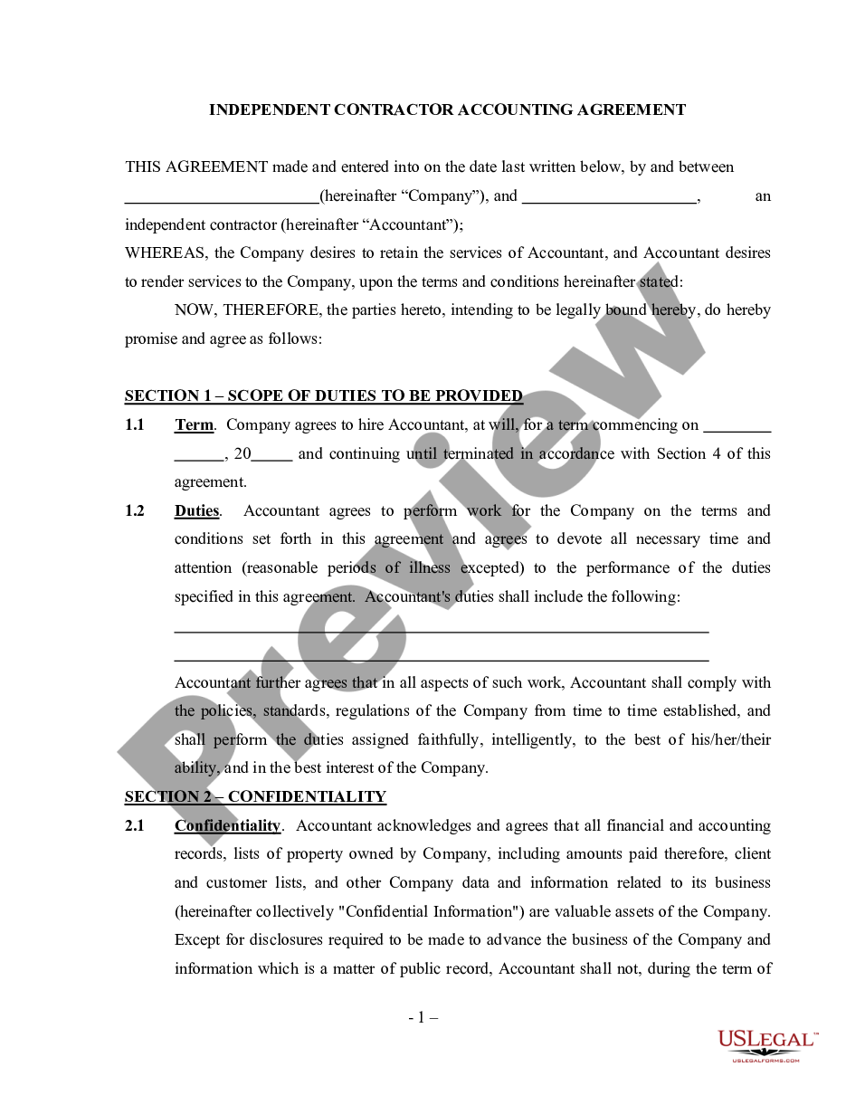 page 0 Accounting Agreement - Self-Employed Independent Contractor preview