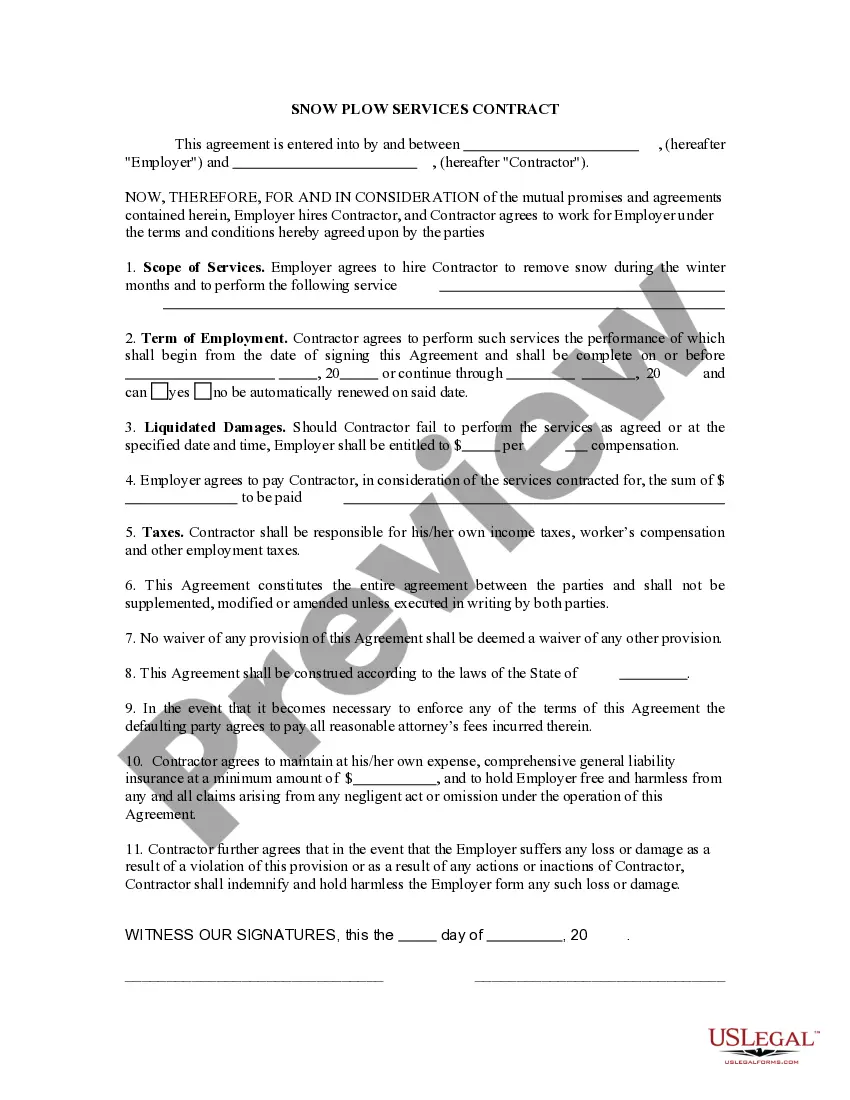 Preview Self-Employed Snow Plow Services Contract