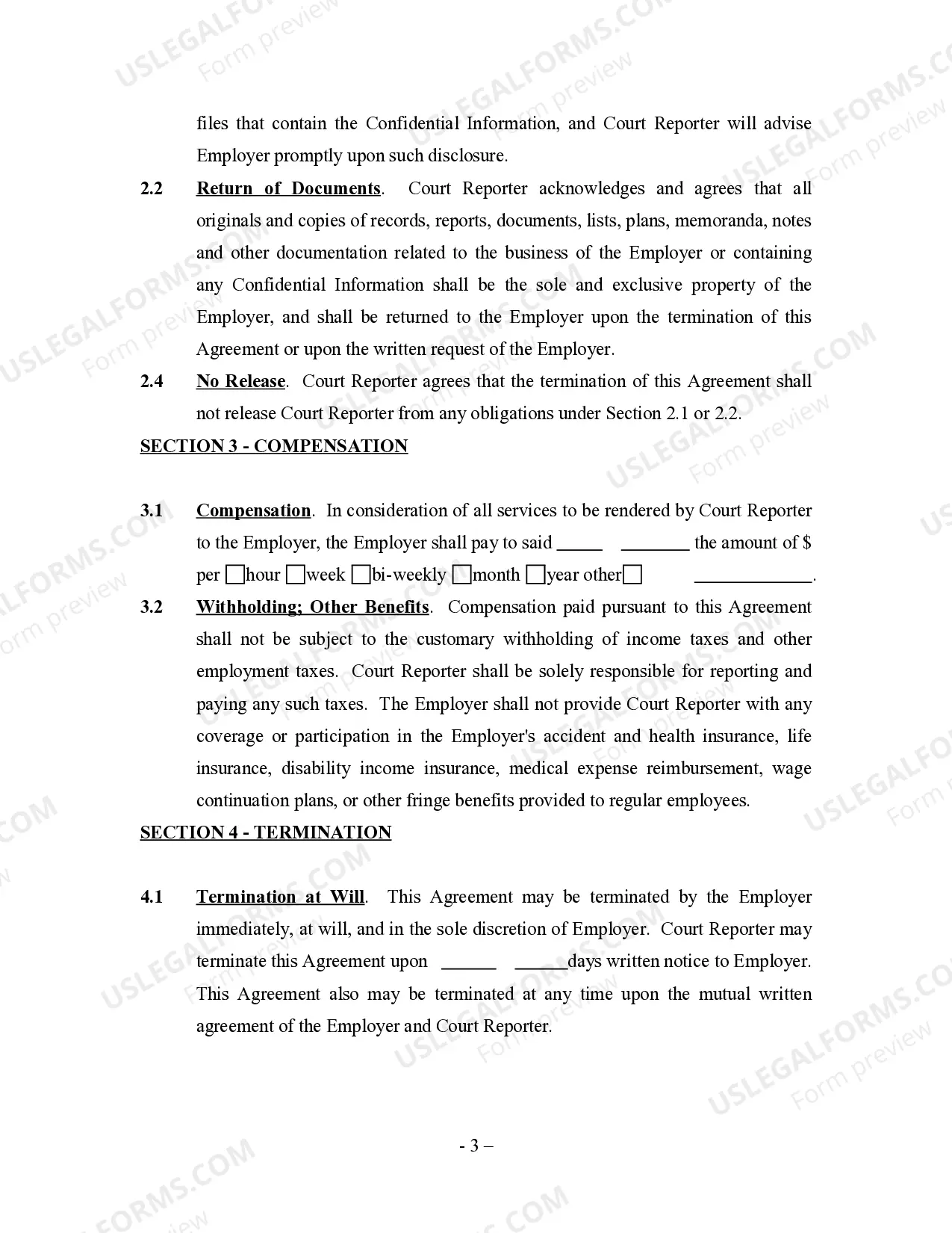 Preview Court Reporter Employment Agreement - Self-Employed Independent Contractor