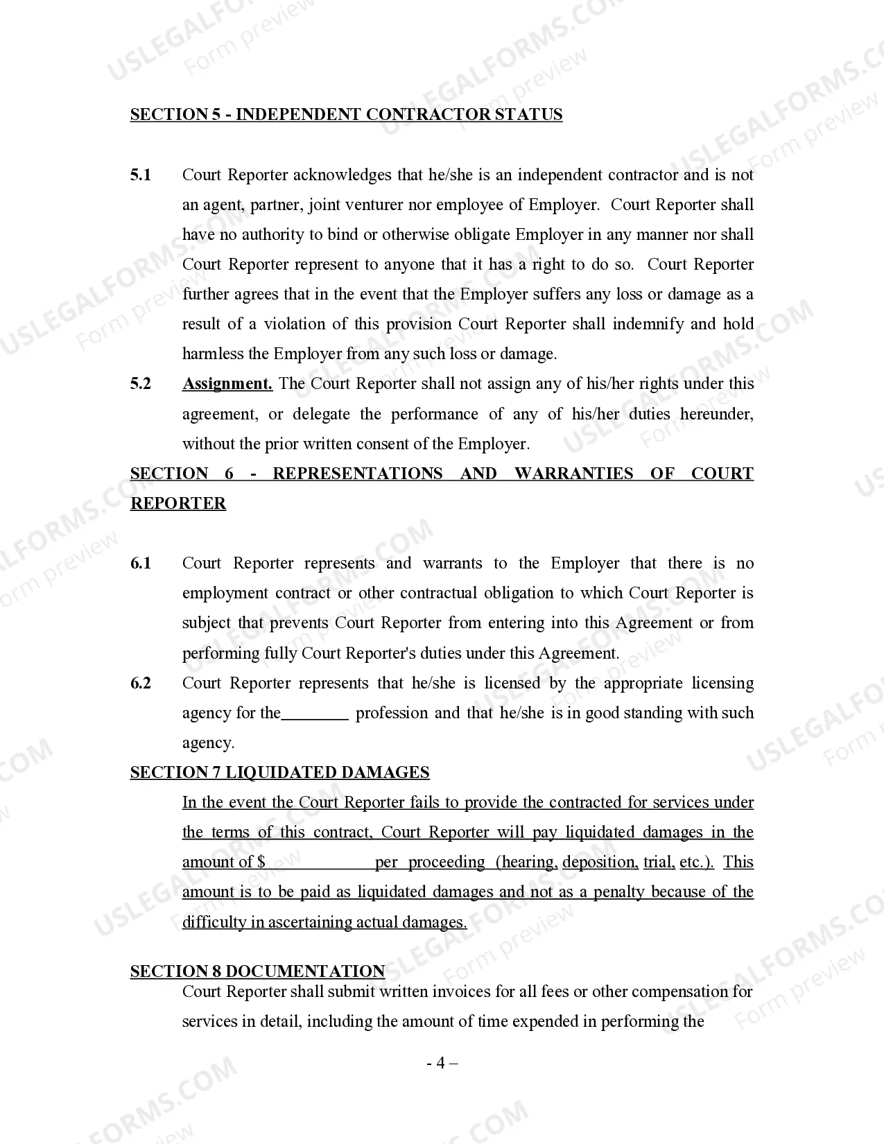 Preview Court Reporter Employment Agreement - Self-Employed Independent Contractor