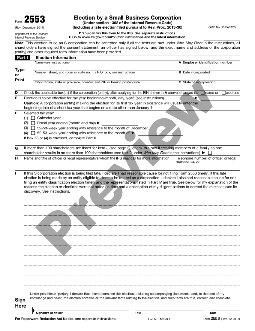 Election of 'S' Corporation Status and Instructions Form 2553