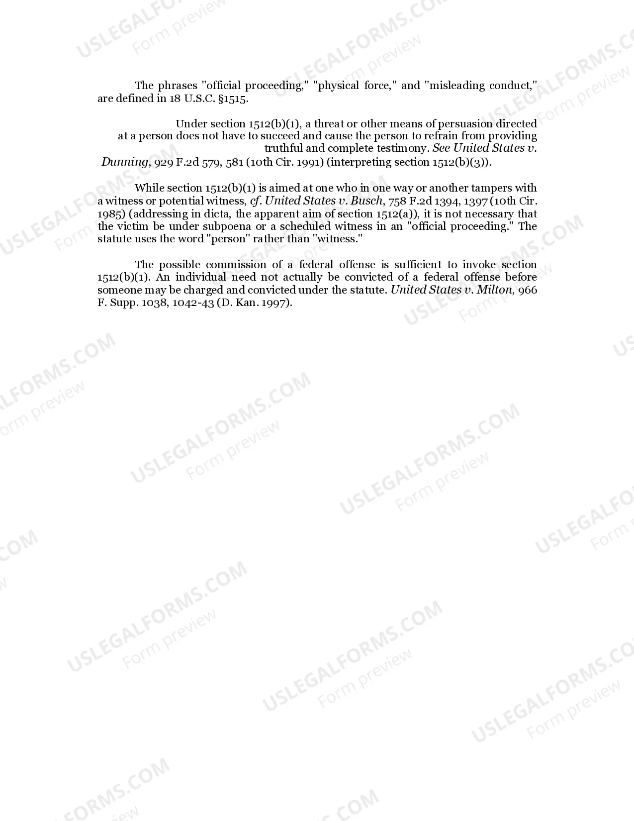 Preview WITNESS TAMPERING / 18 U.S.C. Sec. 1512(b)(1)