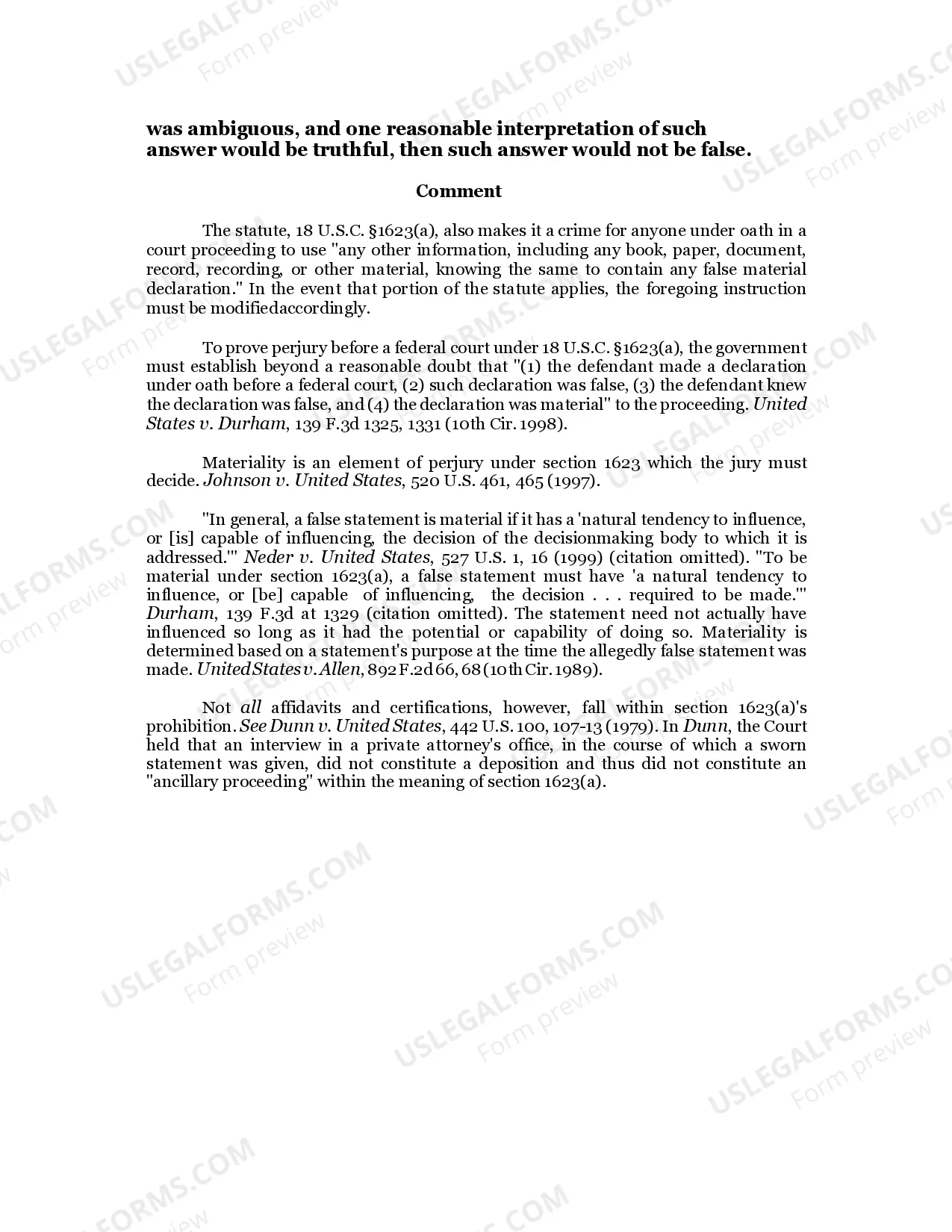Preview 2.66 FALSE DECLARATION (PERJURY) BEFOREA COURT OR GRAND JURY / 18 U.S.C. Sec. 1623(a)