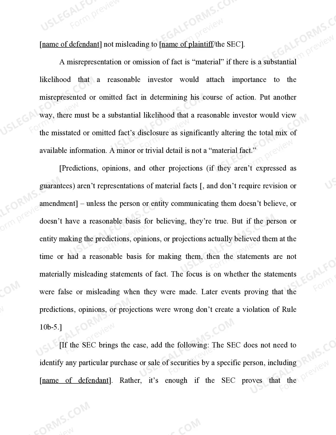Preview Securities Exchange Act - 15 U.S.C. Sec. 78j(b) - Rule 10b-5(b) -17 C. R. Sec. 240.10b-5(b) - Misrepresentation orOmission of Material Facts