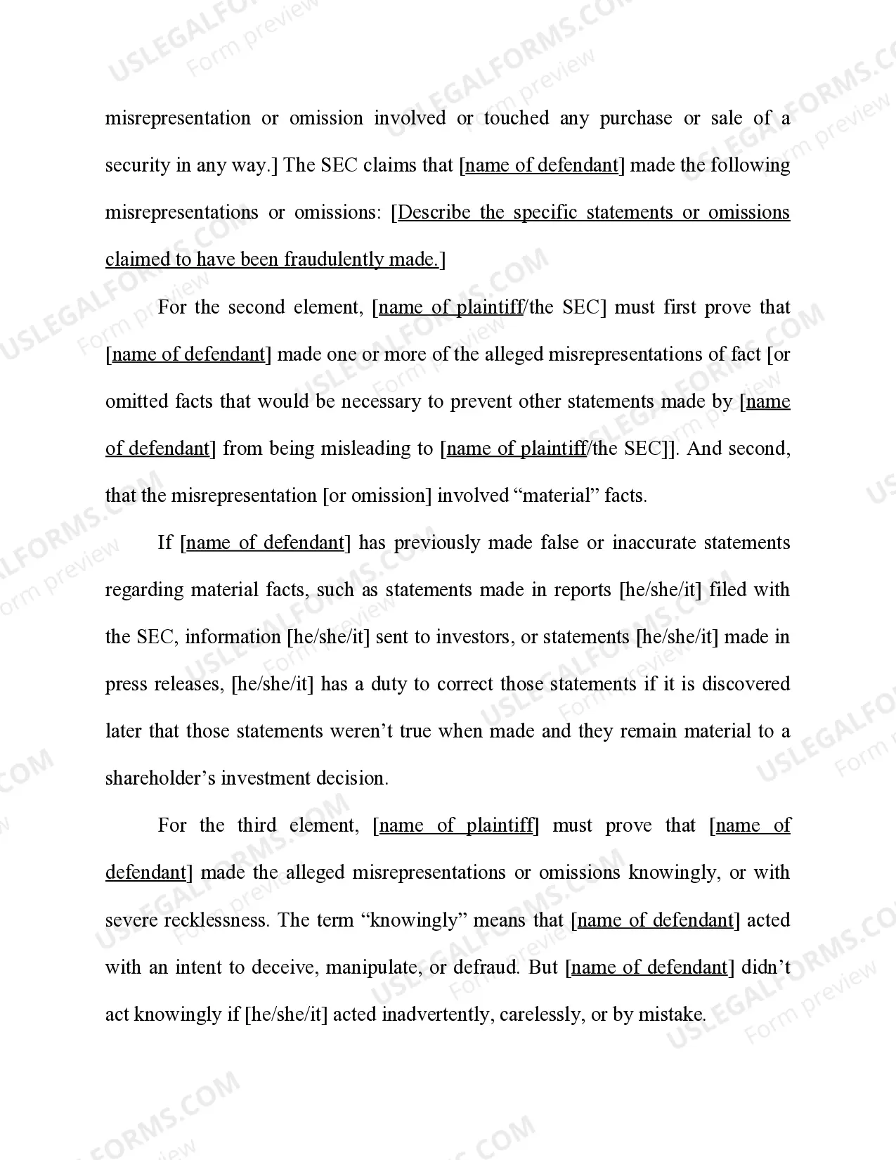 Preview Securities Exchange Act - 15 U.S.C. Sec. 78j(b) - Rule 10b-5(b) -17 C. R. Sec. 240.10b-5(b) - Misrepresentation orOmission of Material Facts