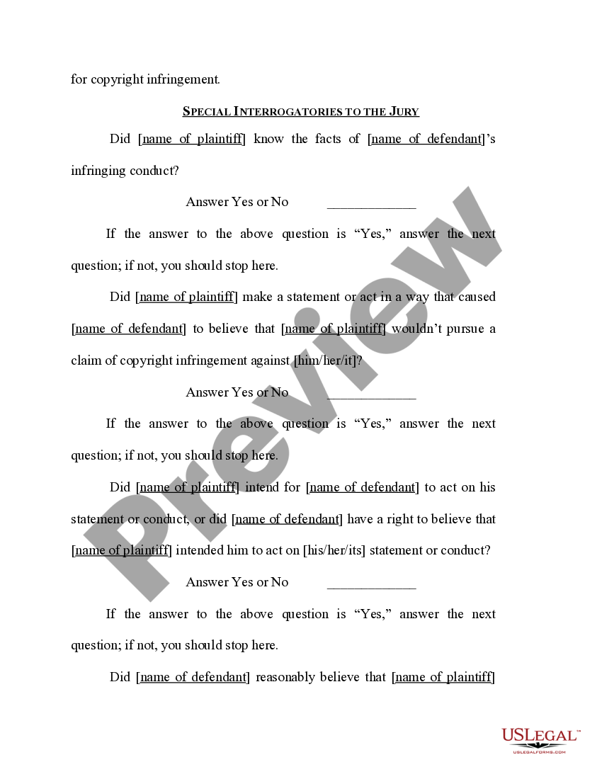 Copyright Defenses Affirmative Defense Copyright Estoppel (Advisory Jury) US Legal Forms