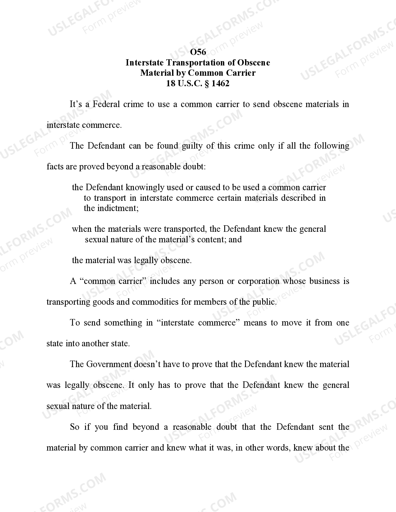 Interstate Transportation of Obscene Material by Common Carrier US